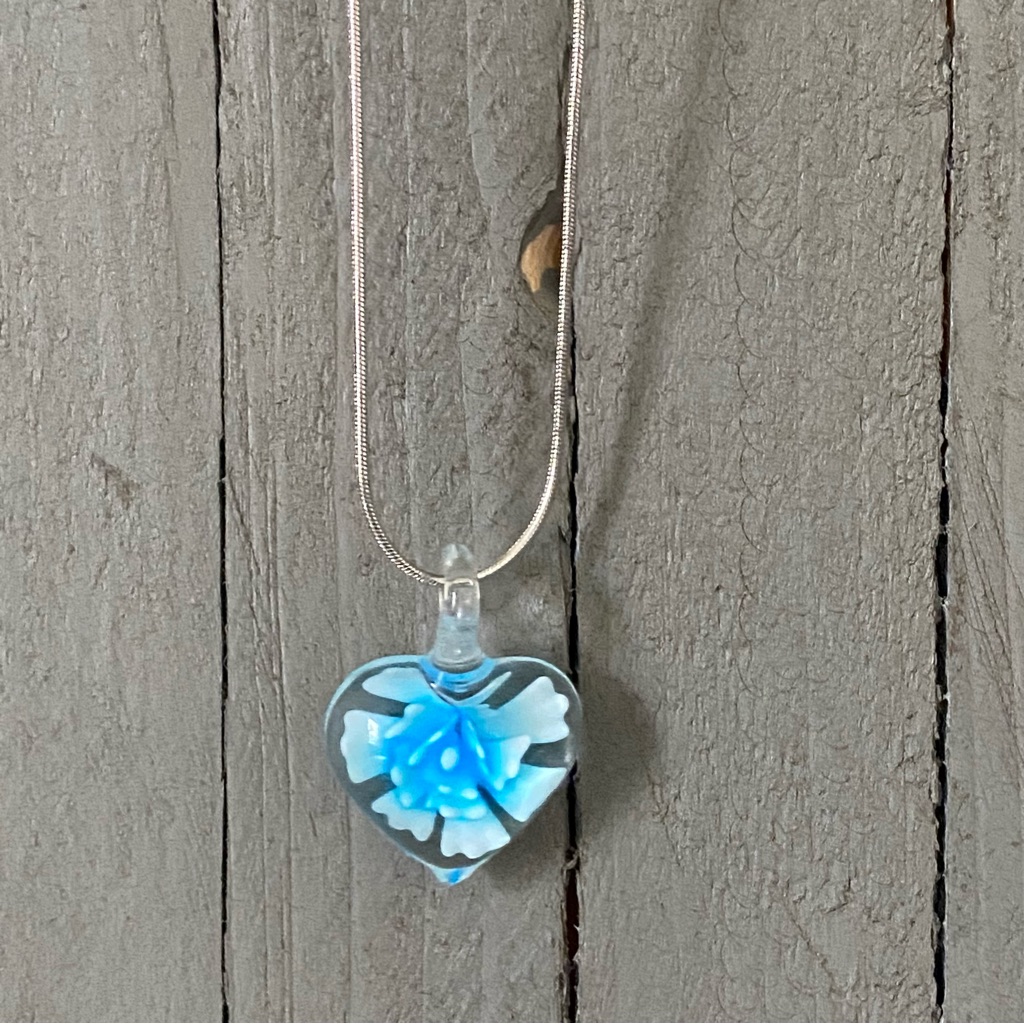 Blue Glass Heart Pendant Necklace Floral Lampwork Style Silver Chain